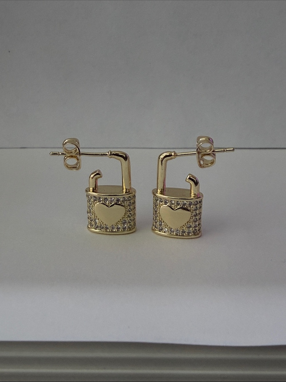 Gold Heart Padlock Stud Earrings - Pave Cubic Zirconia